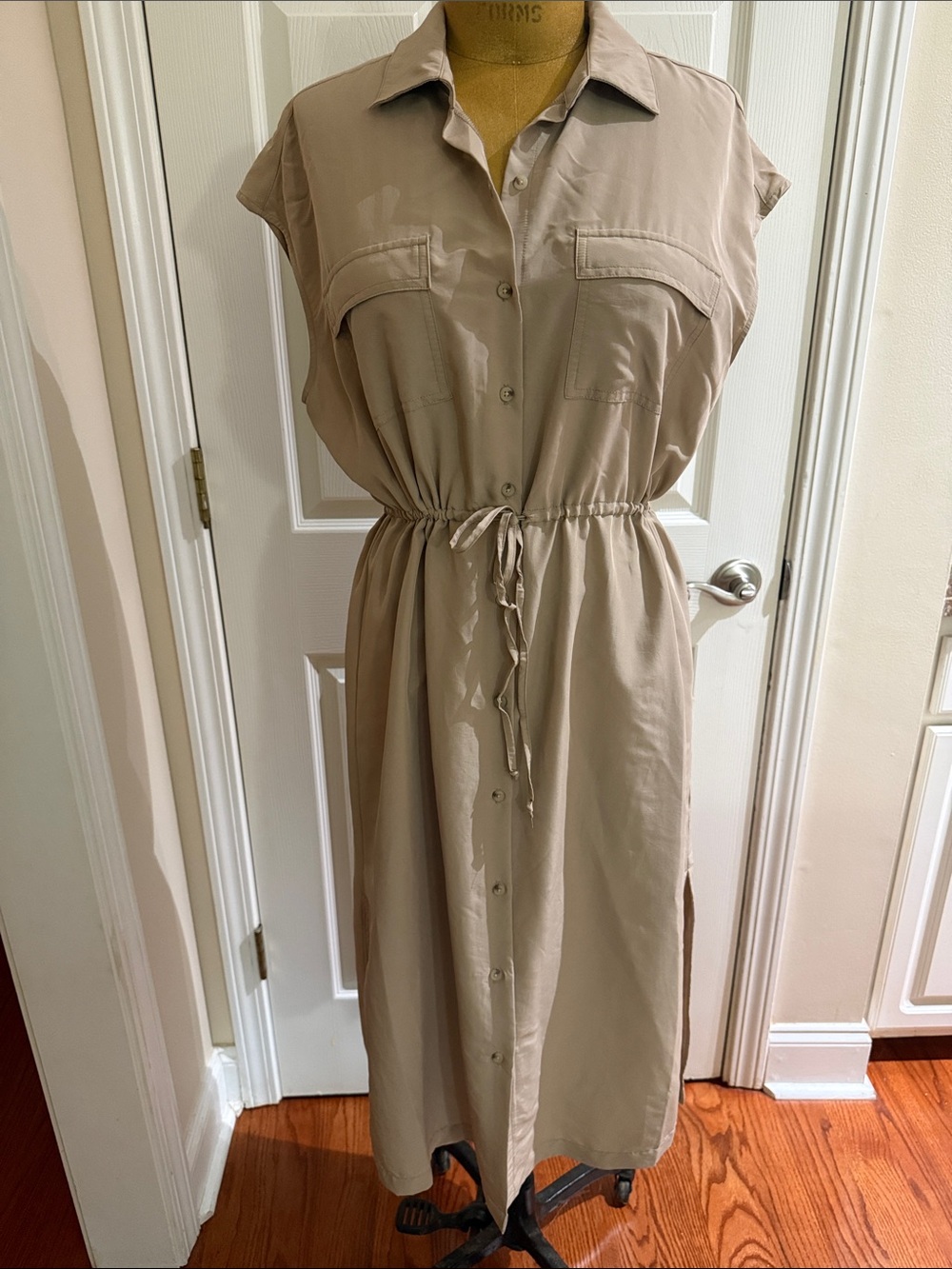 Sleeveless Drawstring Shirt Dress in Taupe